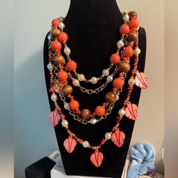 Vintage KJL Multi-Strand Statement Necklace – Coral Pearl & Leaf Motif